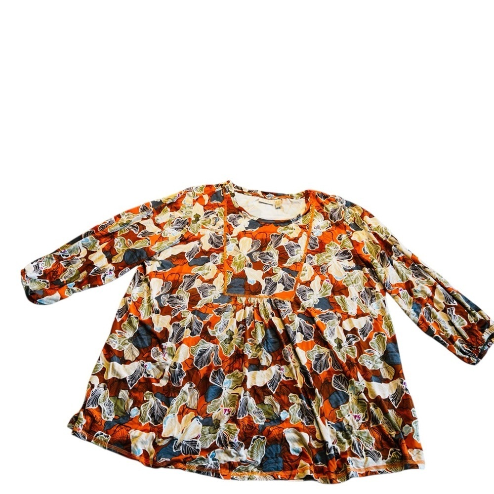 LOGO by Lori Goldstein Orange Multi Floral Peasant Blouse size 1X